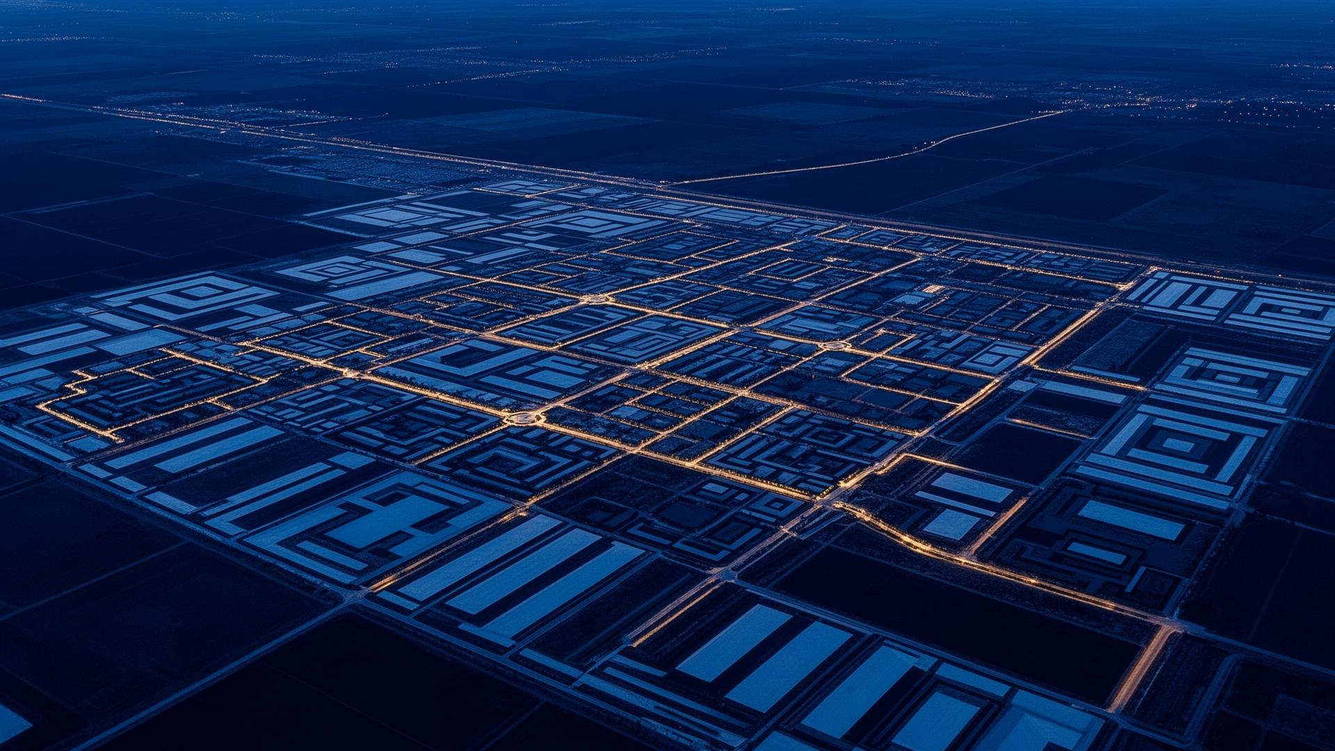 Aerial view of a master-planned development at dusk